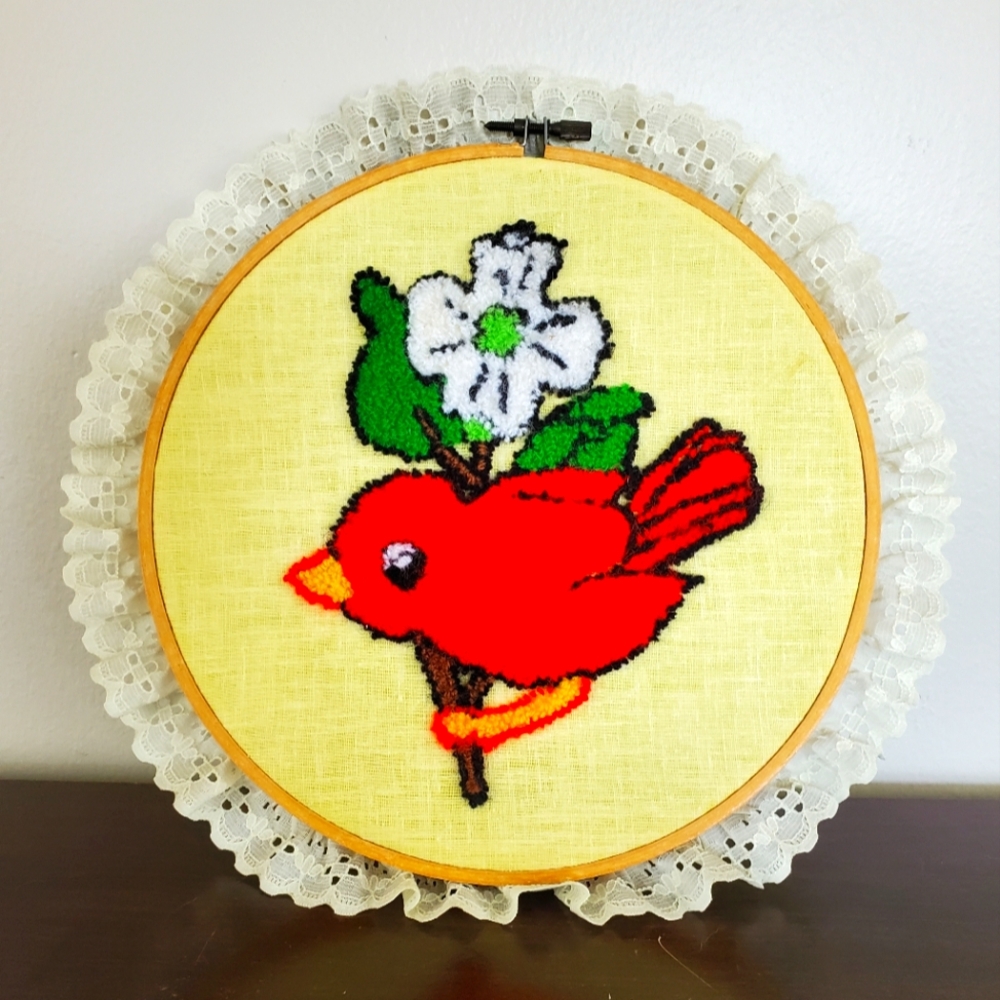 Finished Vintage Fiber Art Punch Needle Red Bird With Floral Branch 11" Diameter